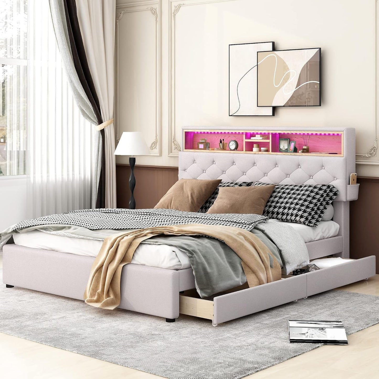 Queen Bed Frame with 2 Drawers, LED Bed Frame with Storage Headboard and USB Chargin