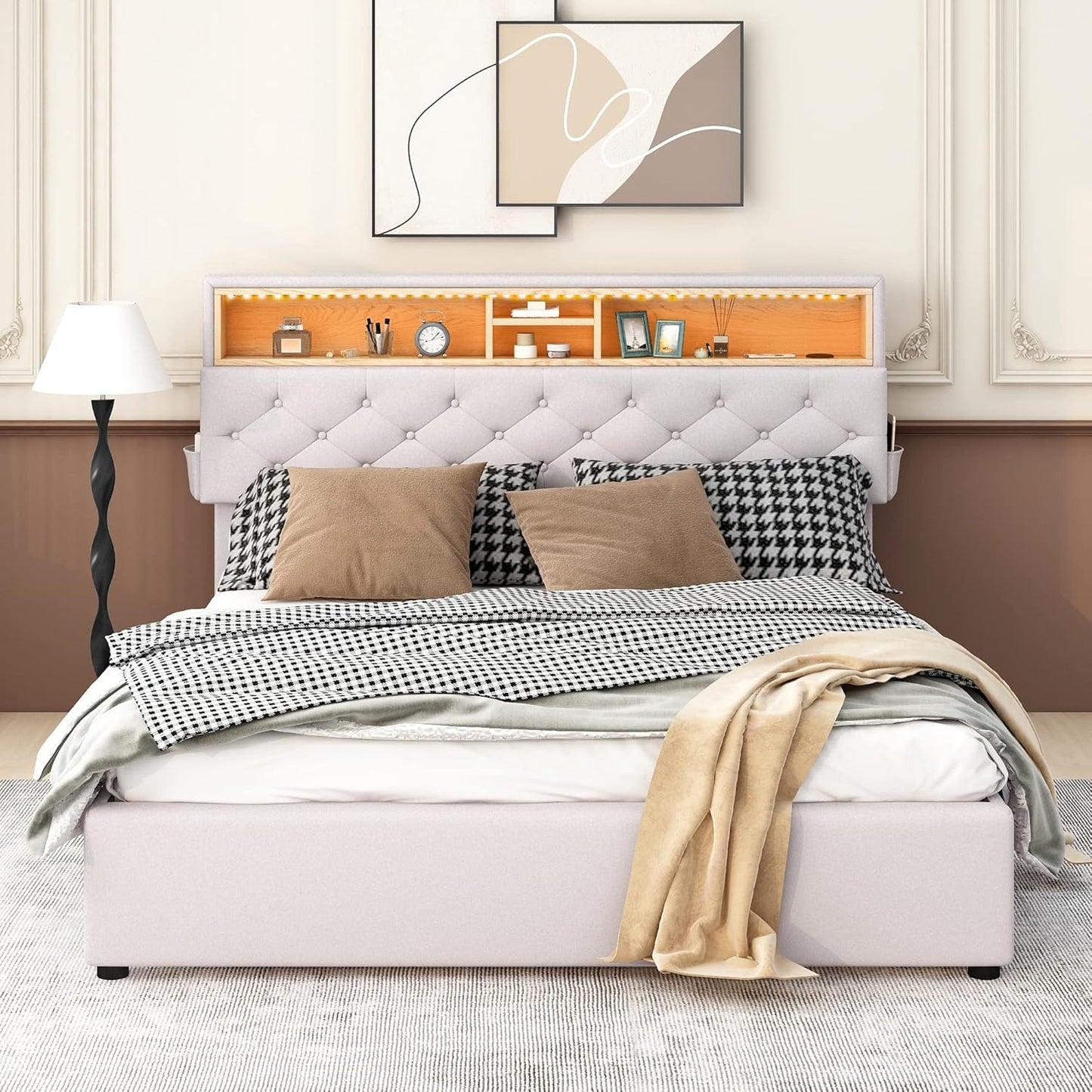 Queen Bed Frame with 2 Drawers, LED Bed Frame with Storage Headboard and USB Chargin