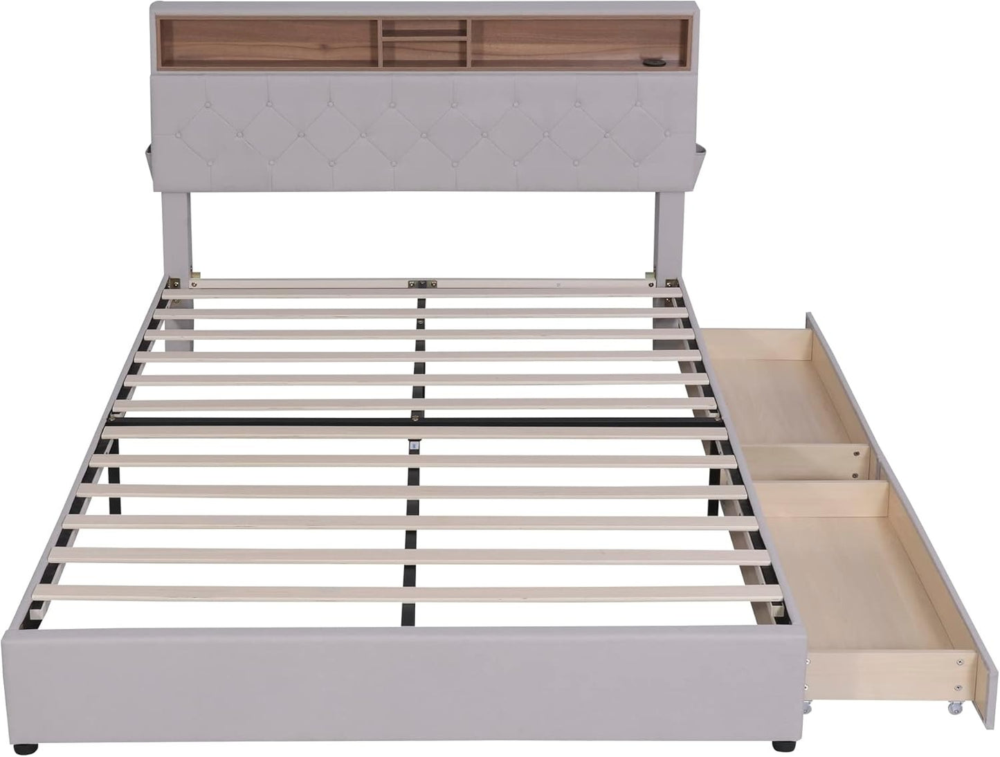 Queen Bed Frame with 2 Drawers, LED Bed Frame with Storage Headboard and USB Chargin