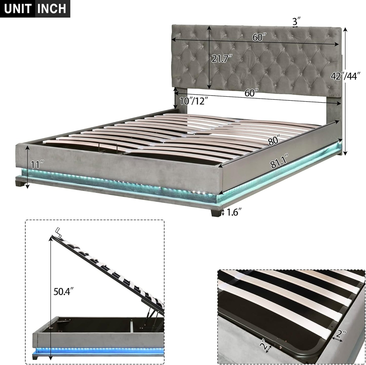 Queen Bed Frame, Quilted with Adjustable Headrest and Solid Wood Support