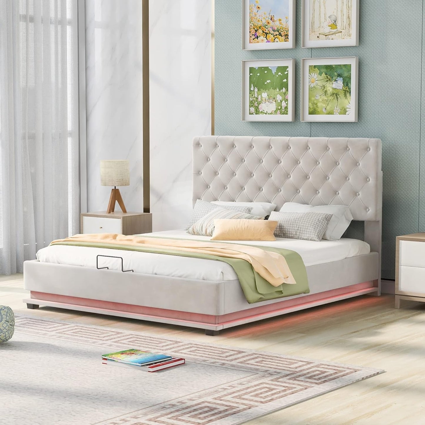Queen Bed Frame, Quilted with Adjustable Headrest and Solid Wood Support