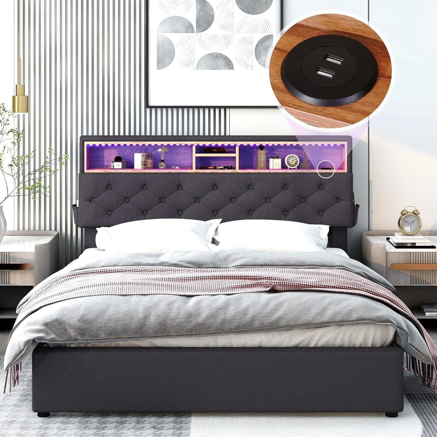 Queen Bed Frame with 2 Drawers, LED Bed Frame with Storage Headboard and USB Chargin