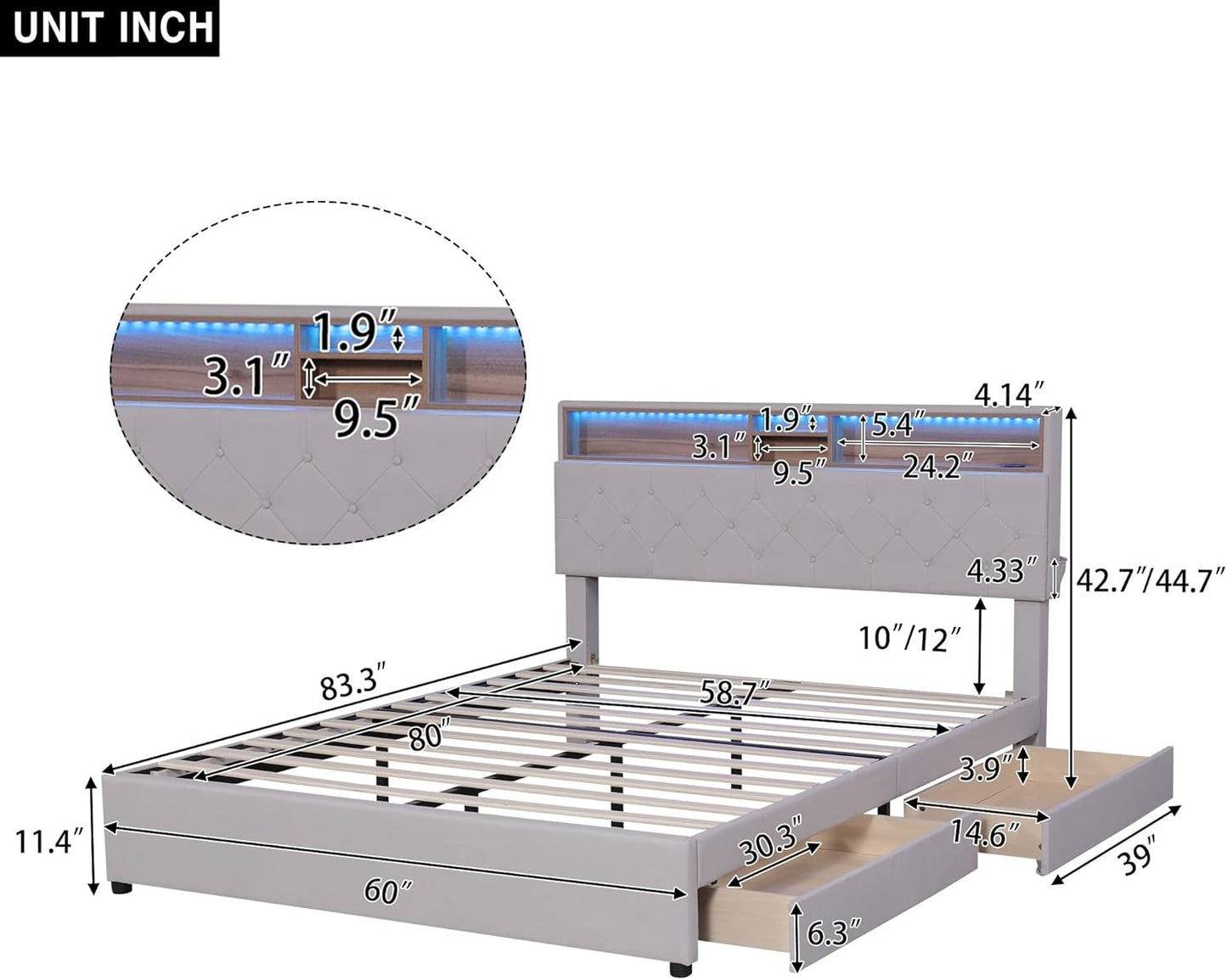 Queen Bed Frame with 2 Drawers, LED Bed Frame with Storage Headboard and USB Chargin