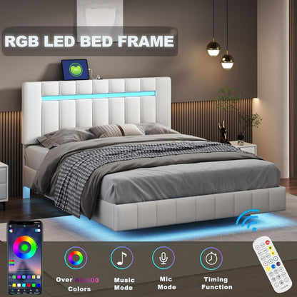 Queen Size Bed Frame with LED Lights and USB Charging