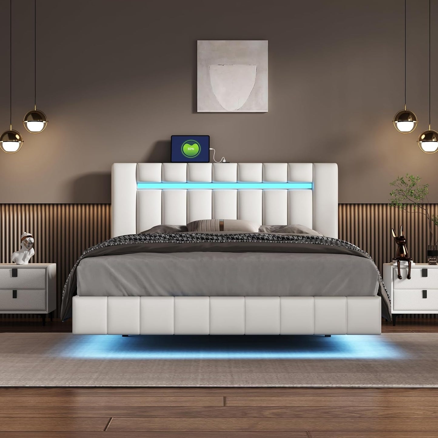 Queen Size Bed Frame with LED Lights and USB Charging