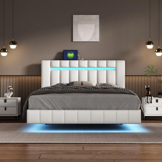 Queen Size Bed Frame with LED Lights and USB Charging