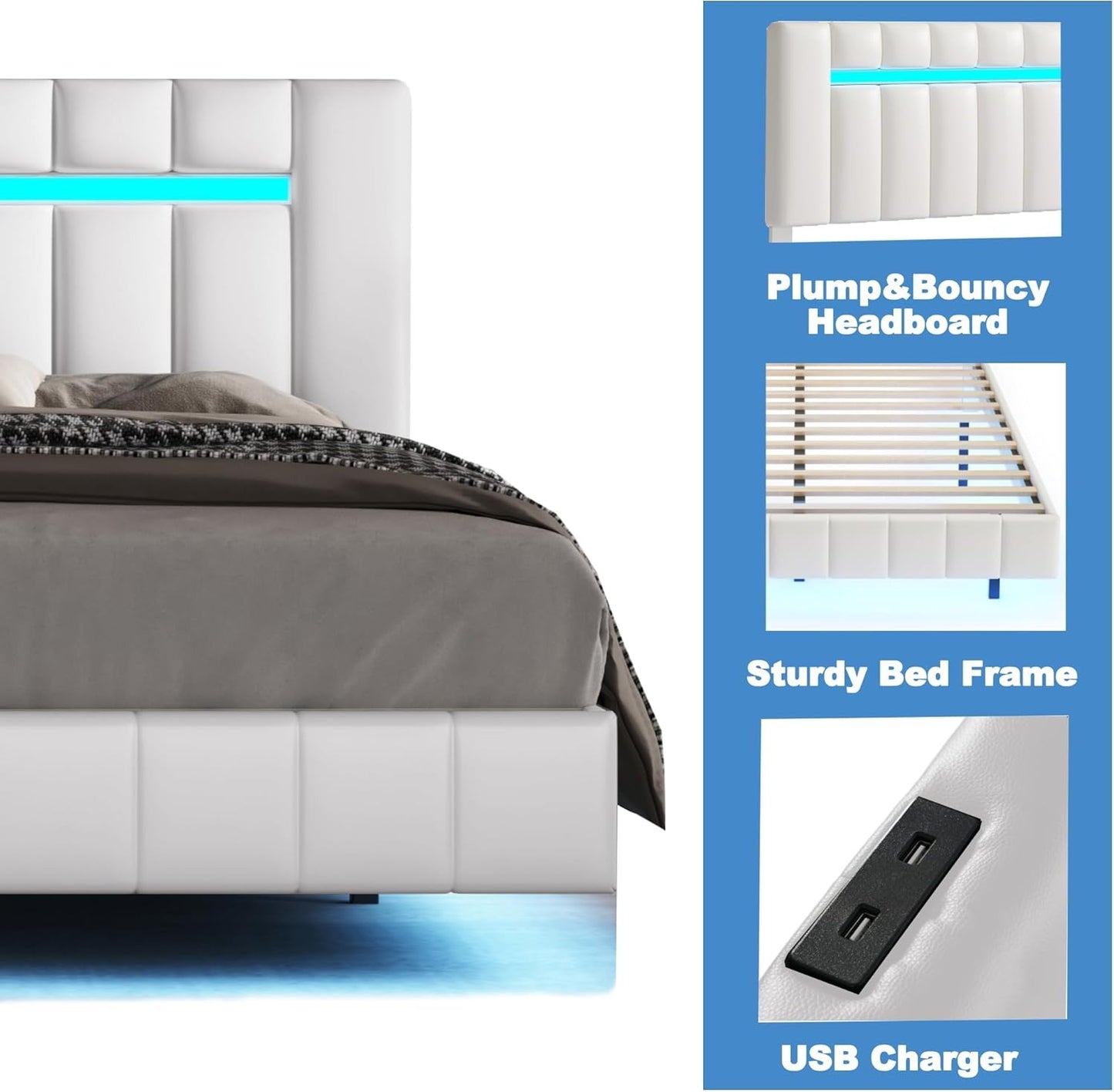 Queen Size Bed Frame with LED Lights and USB Charging