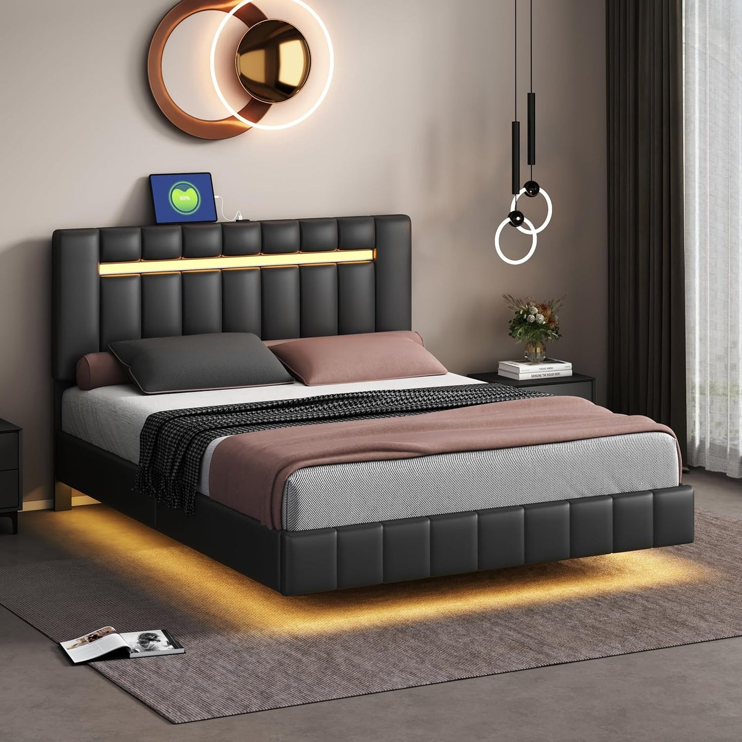Queen Size Bed Frame with LED Lights and USB Charging