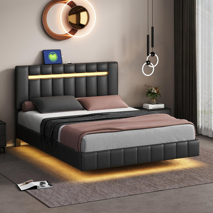Queen Size Bed Frame with LED Lights and USB Charging