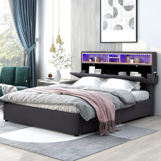 Queen Bed Frame with 2 Drawers, LED Bed Frame with Storage Headboard and USB Chargin