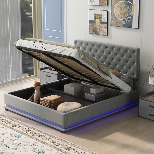 Queen Bed Frame, Quilted with Adjustable Headrest and Solid Wood Support