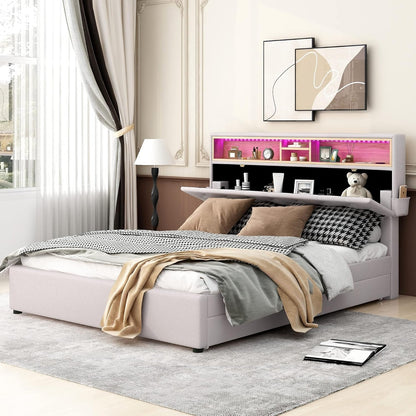 Queen Bed Frame with 2 Drawers, LED Bed Frame with Storage Headboard and USB Chargin