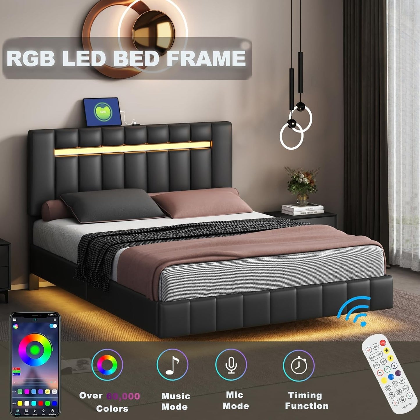 Queen Size Bed Frame with LED Lights and USB Charging