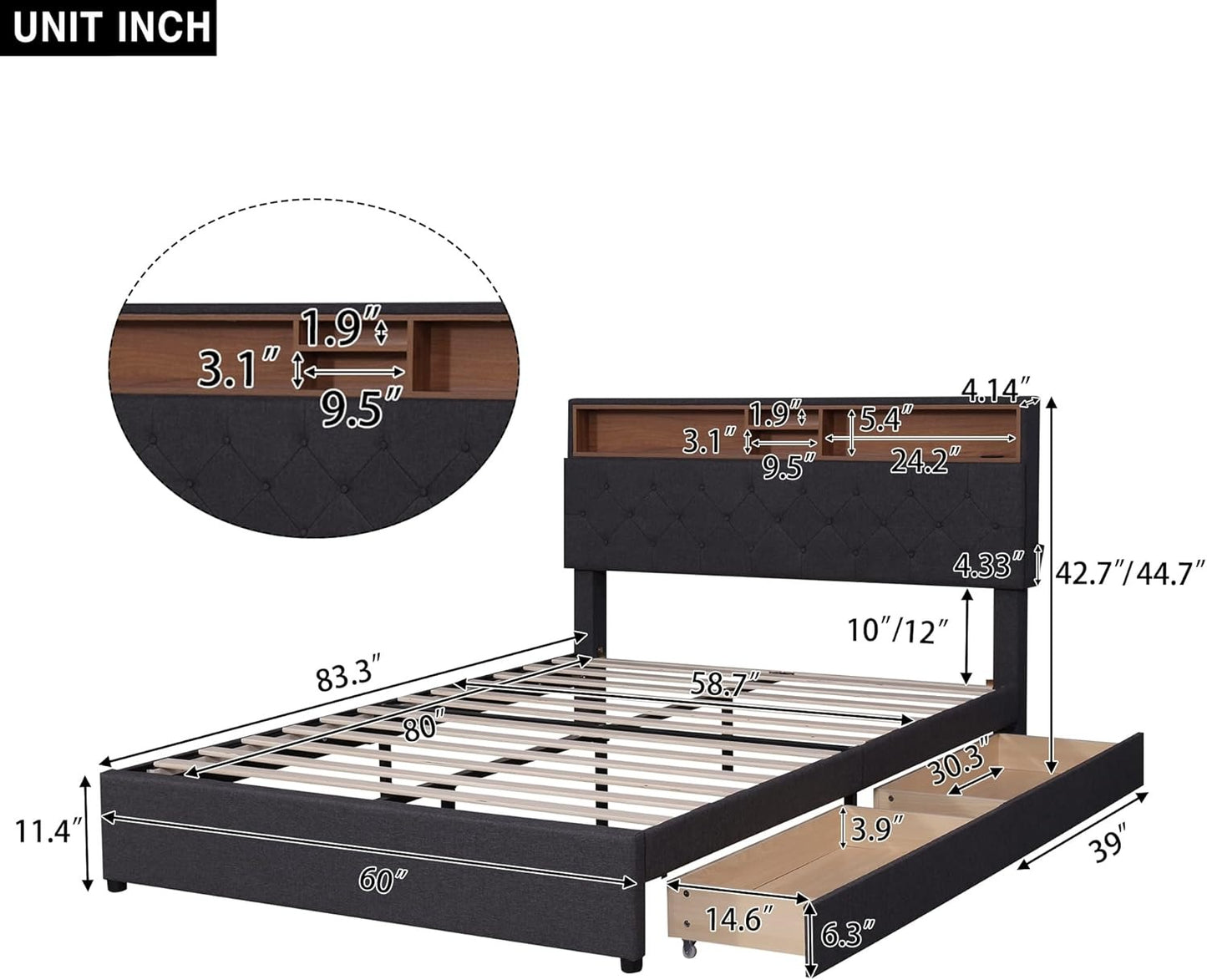 Queen Bed Frame with 2 Drawers, LED Bed Frame with Storage Headboard and USB Chargin