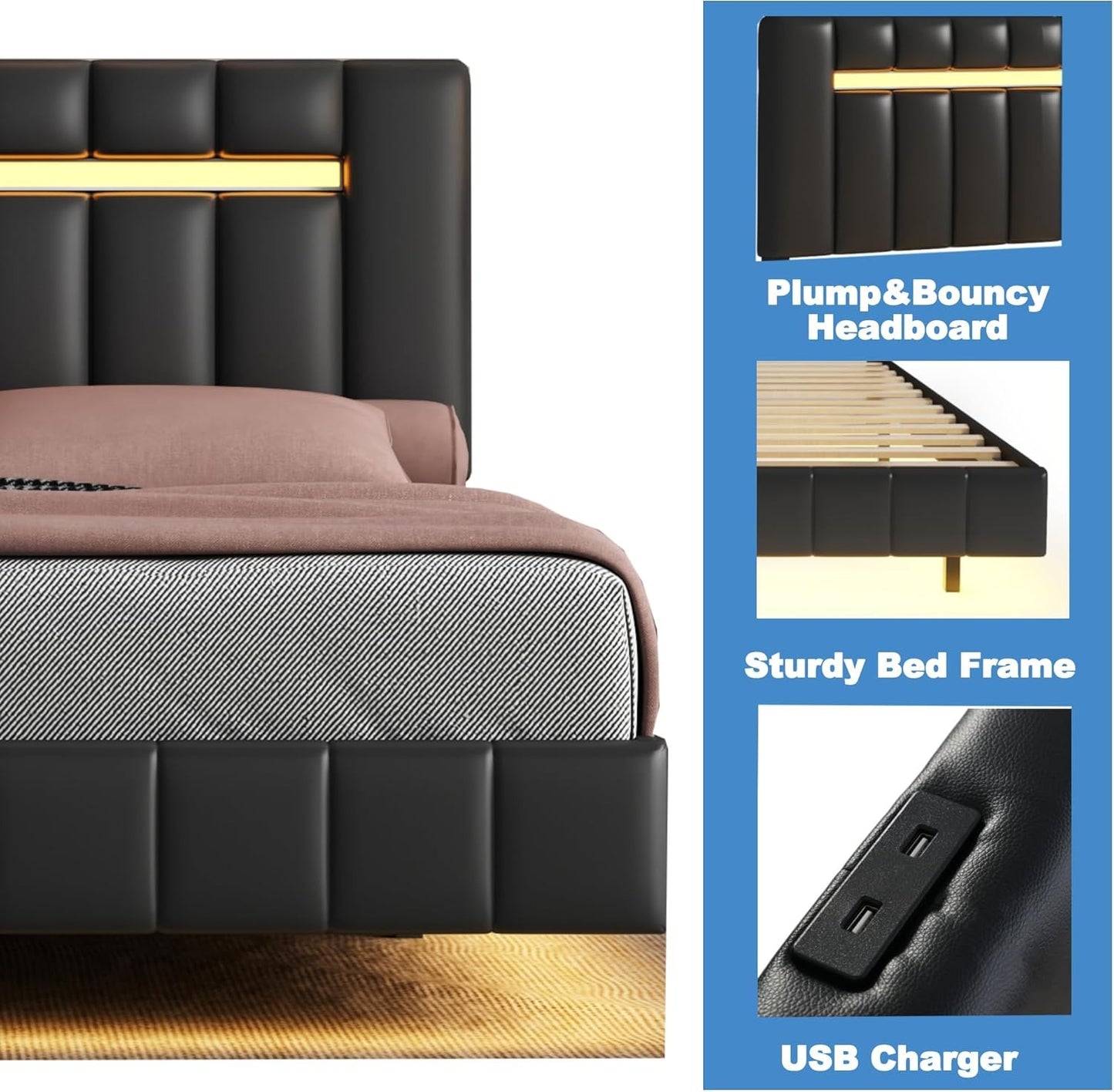 Queen Size Bed Frame with LED Lights and USB Charging