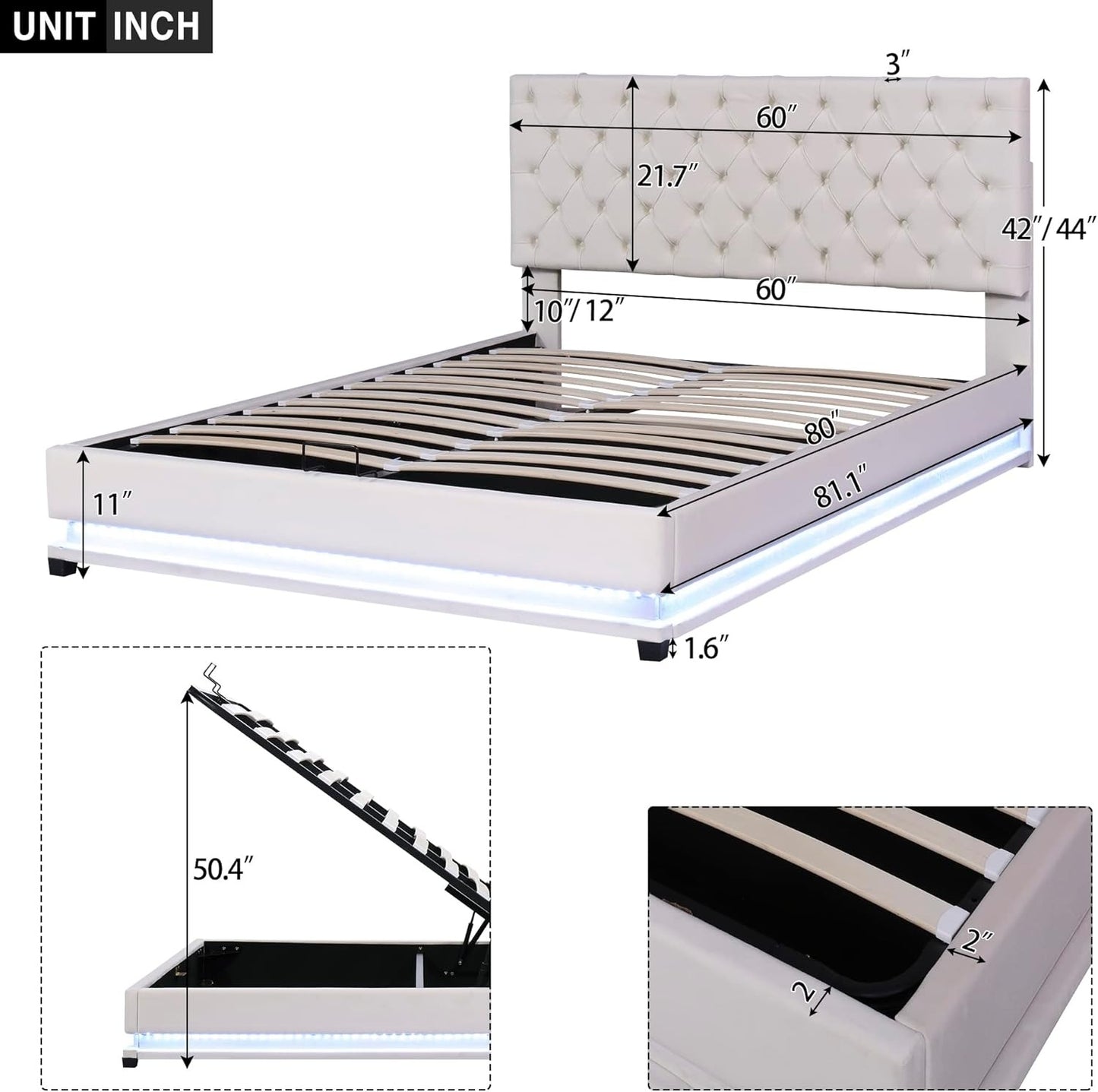 Queen Bed Frame, Quilted with Adjustable Headrest and Solid Wood Support