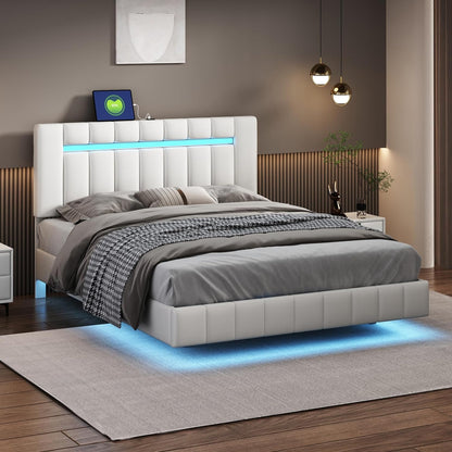 Queen Size Bed Frame with LED Lights and USB Charging